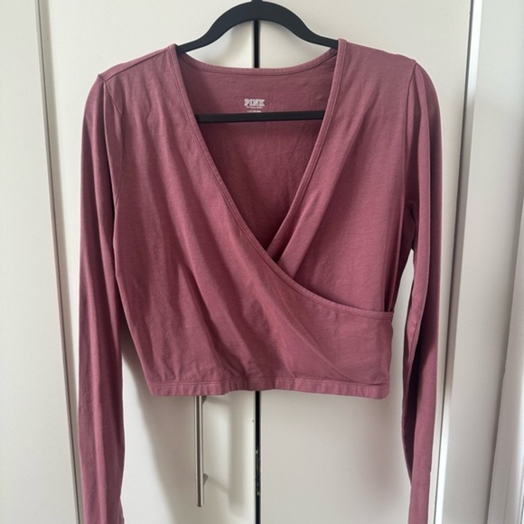 PINK Victoria's Secret Pink Long Sleeve V-Neck Crop Wrap Blouse - Picture 1 of 3